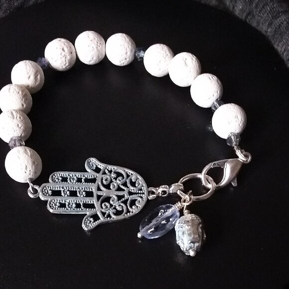 White Lava Bead Bracelet | Hamsa Hand & Buddha Charms | Blessings & Protection - Picture 5 of 10